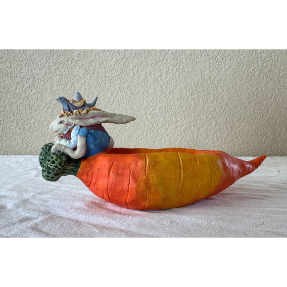 Vtg Dept Department 56 Carrot Boat with Rabbit Orange Easter Dish 8.5" Canoe - Picture 1 of 9